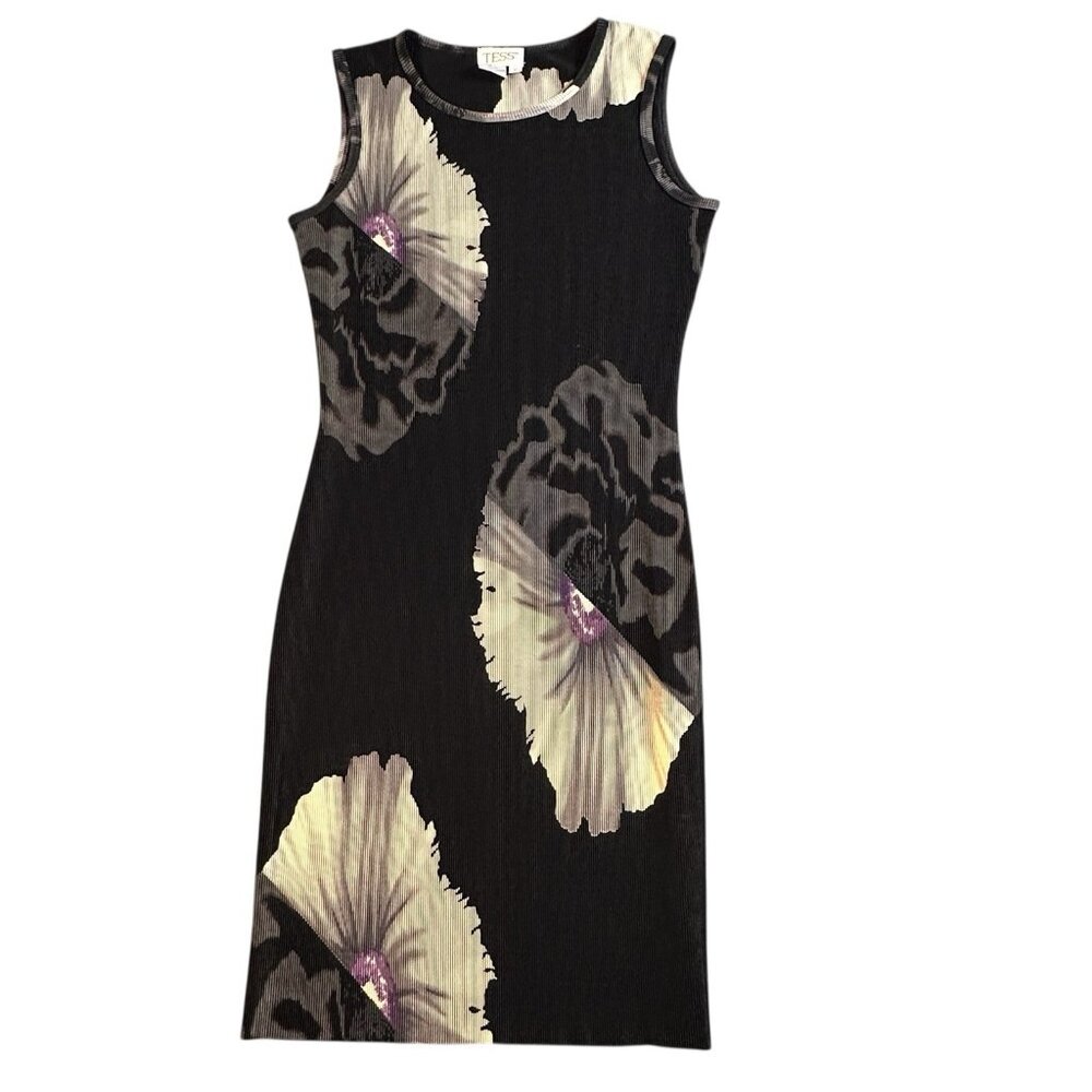 Vintage 90s Tess Pleated Floral Dress Black Ribbed Sheath Made In Korea Small